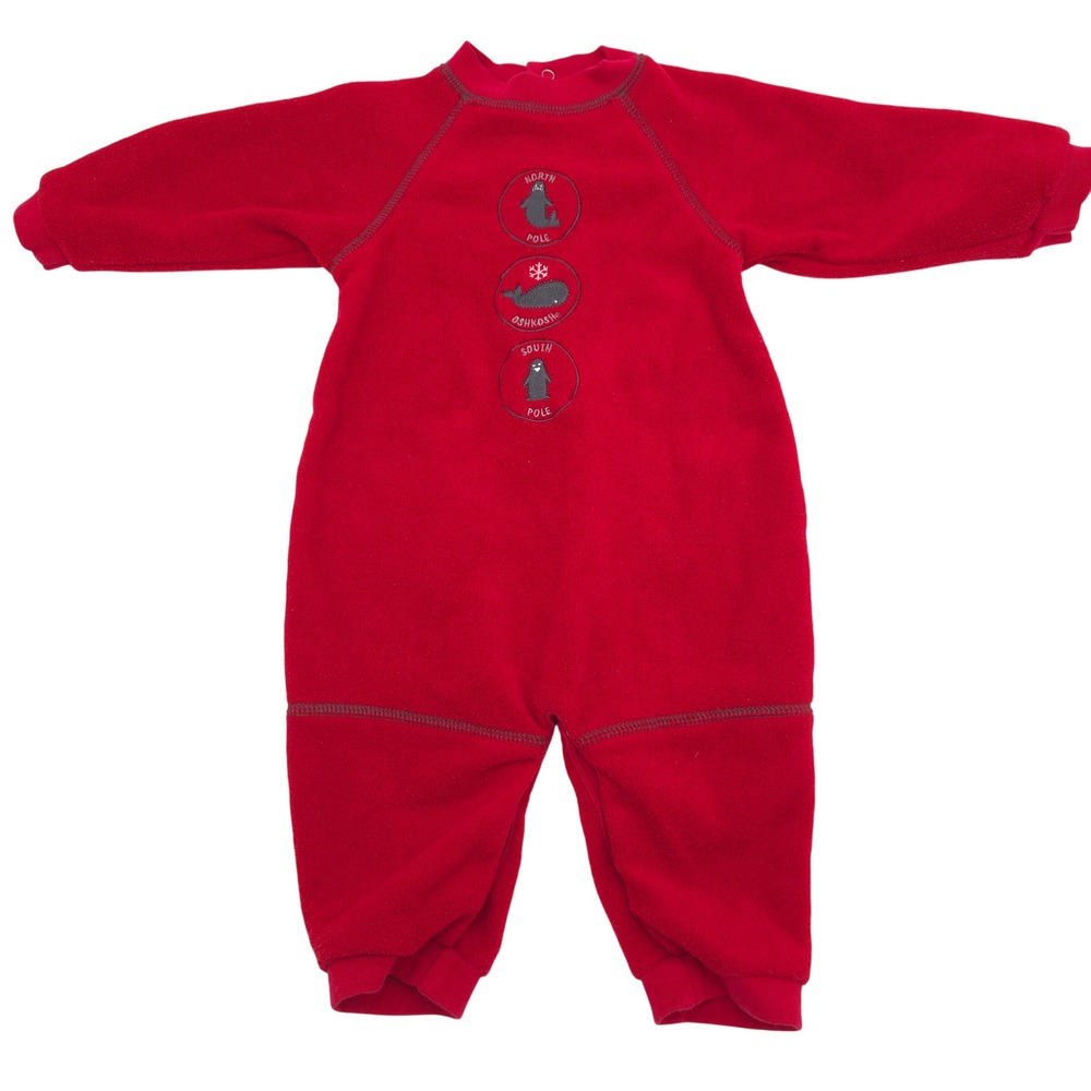 Vintage OshKosh Kids Fleece Sleeper 6-9 Months Red Animal Embroidered